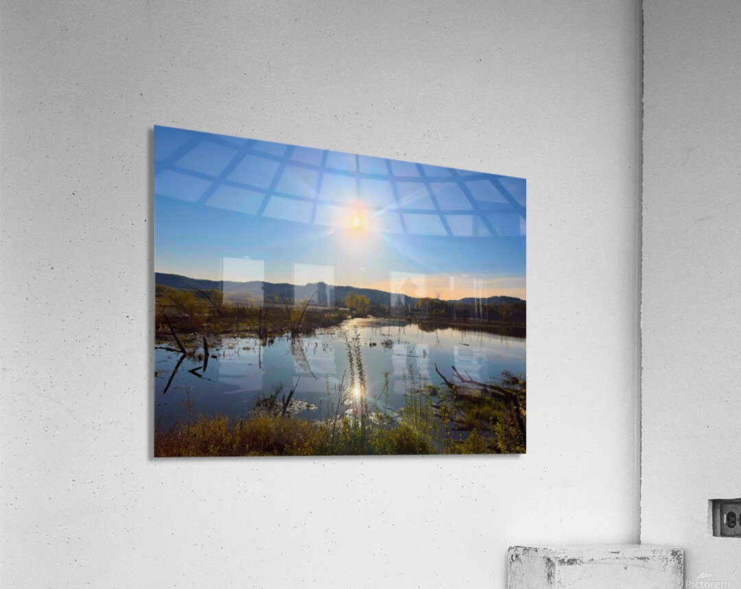 Sunrise Over Tranquil Wetlands with Sunbeam Reflection Acrylic Print